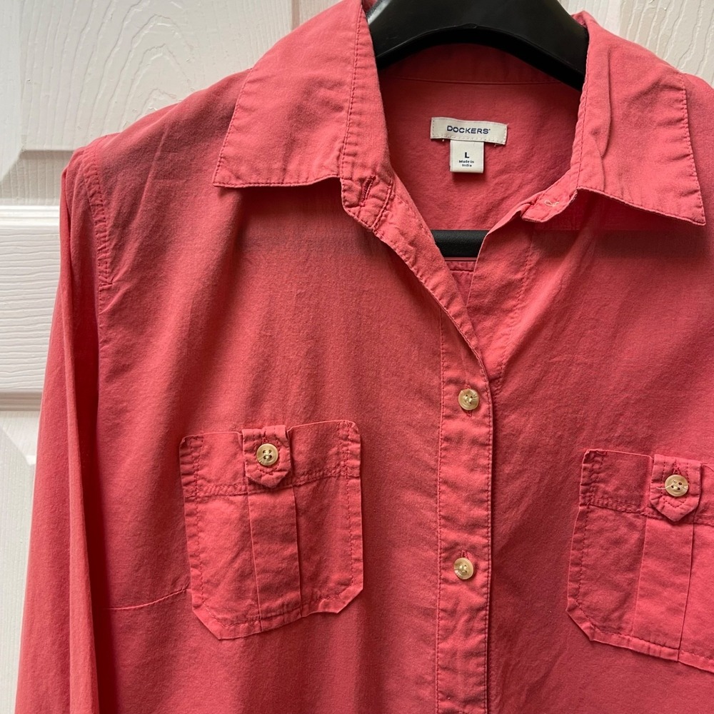Dockers Women's Large Coral Double Pocket Camp Shirt Cotton Gause